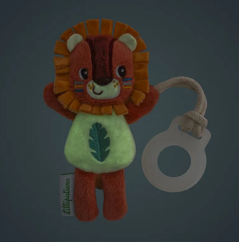 Peluche portaciuccio fosforescente a forma di leone, adatto dalla nascita
